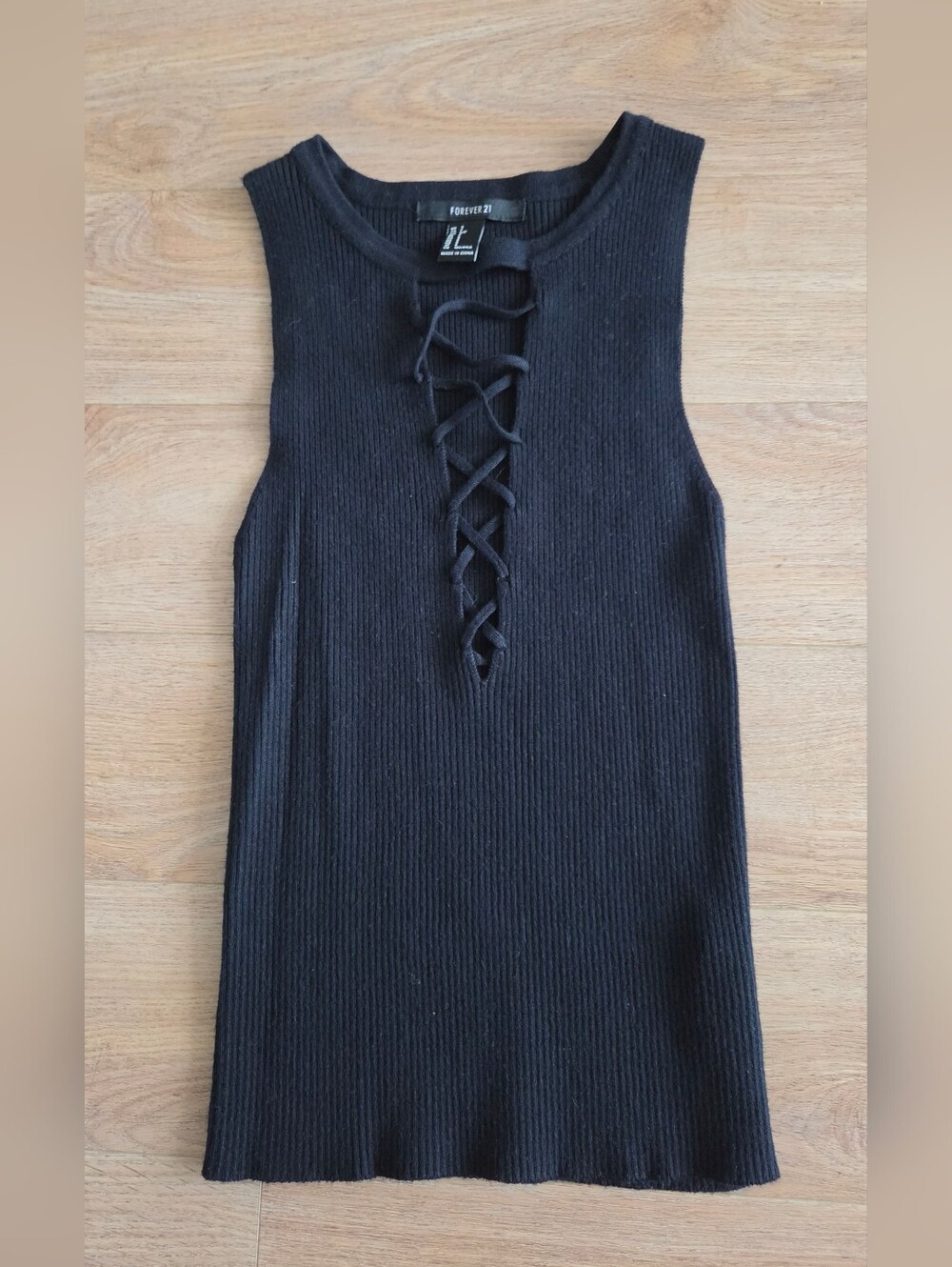 Black Ribbed Lace-Up Top